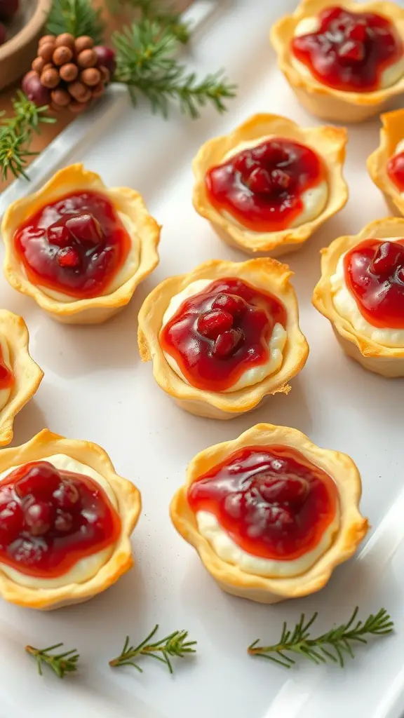 A platter of cranberry brie bites topped with cranberry sauce, garnished with pine sprigs.