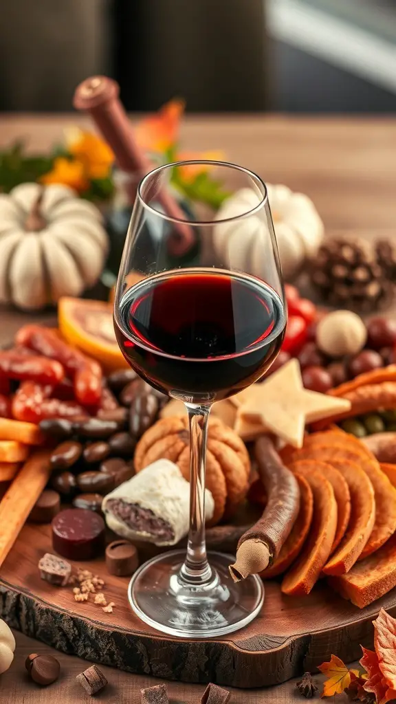A glass of red wine on a fall charcuterie board featuring various meats, cheeses, and seasonal decorations.