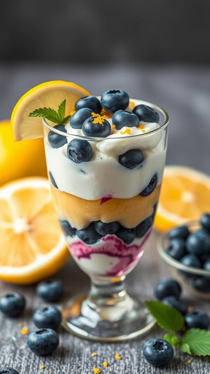 A layered lemon blueberry parfait in a glass, topped with fresh blueberries and a lemon slice.