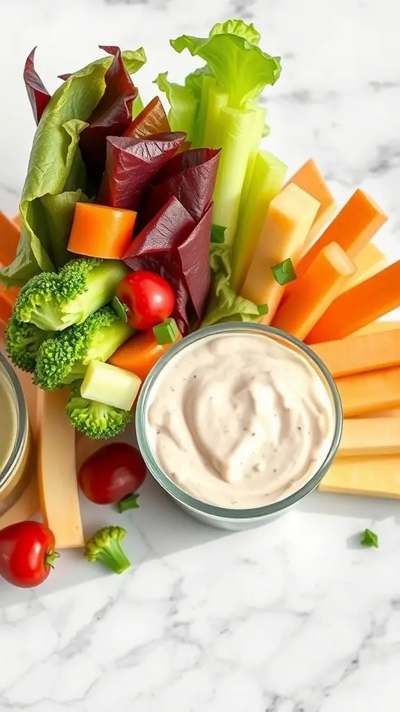 Colorful gourmet veggie cups with a variety of fresh vegetables and dips