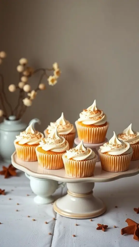 A display of chai latte cupcakes with spiced buttercream on a cake stand, surrounded by decorative elements.