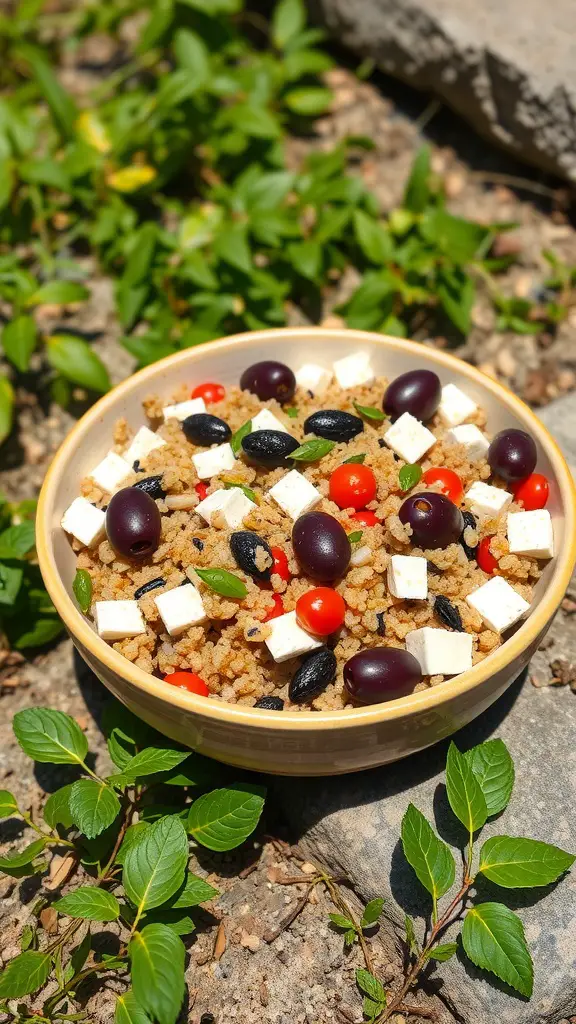 A bowl of quinoa salad with feta cheese, olives, and cherry tomatoes on a natural background.