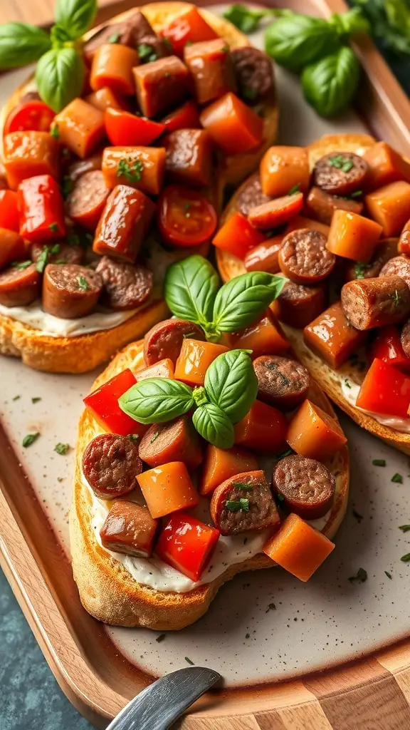Sausage and Tomato Bruschetta on toasted bread topped with fresh basil