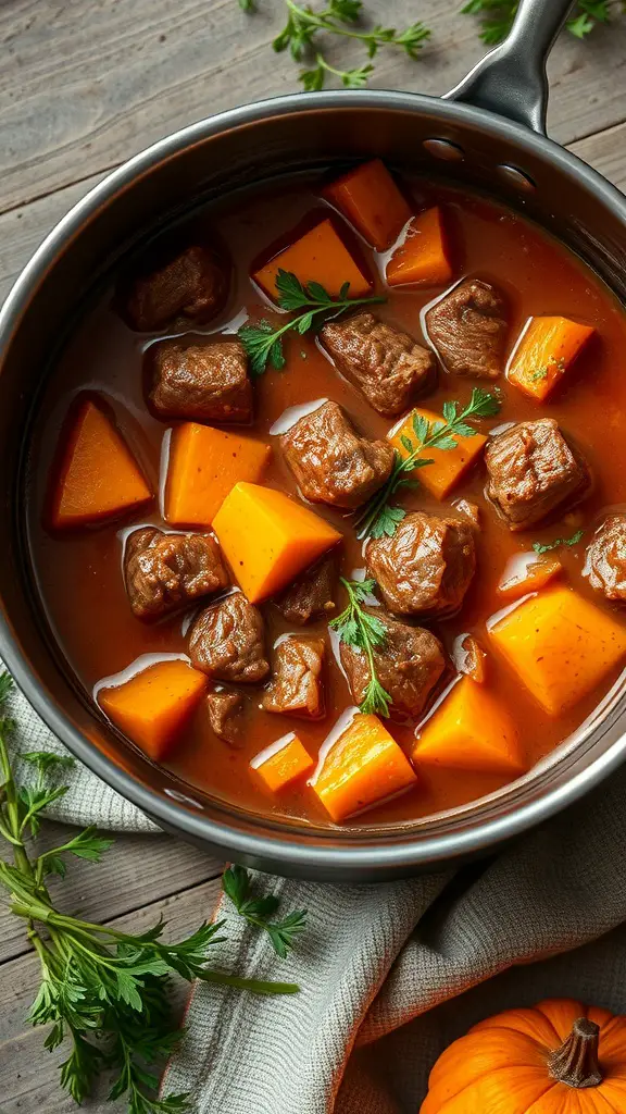 A pot of beef and pumpkin stew with chunks of beef and pumpkin in a savory broth, garnished with fresh herbs.