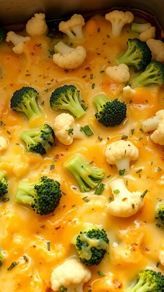 A close-up of a cheesy broccoli and cauliflower casserole, featuring vibrant green broccoli and creamy cauliflower in a cheesy sauce.