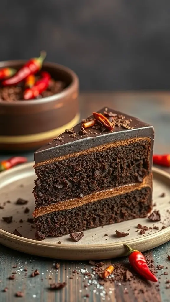 A slice of mole cake with chocolate frosting and chili peppers on top.