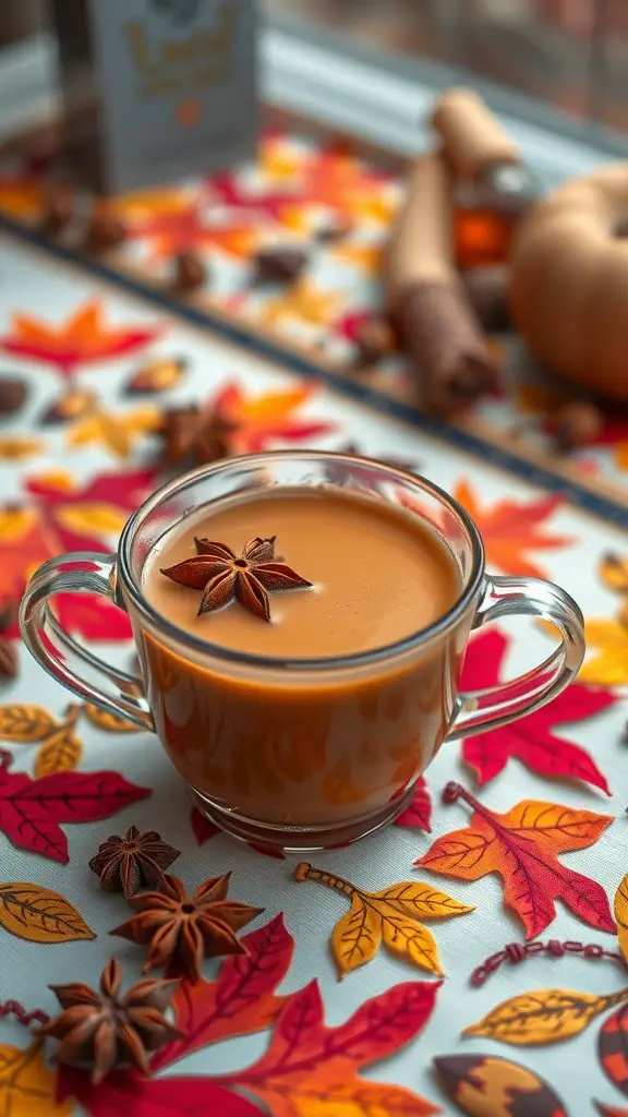 A cup of chai tea with almond milk, garnished with star anise, on a table decorated with autumn leaves.