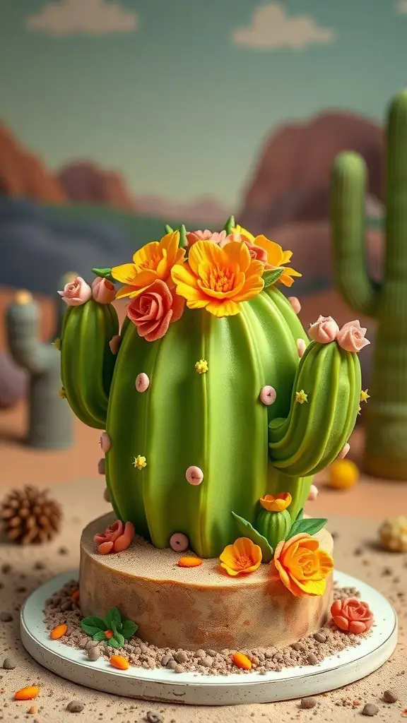 A vibrant cactus cake decorated with flowers, resembling a cactus in a desert setting.