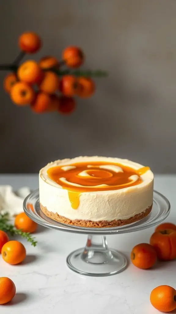 A delicious cheesecake with apricot jam swirl on a glass cake stand, surrounded by fresh apricots.