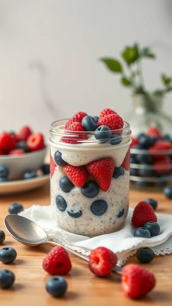A jar of overnight oats topped with blueberries and raspberries, with more berries scattered around.
