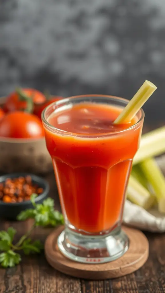 A glass of spicy tomato juice with a celery stick, surrounded by fresh tomatoes and spices.