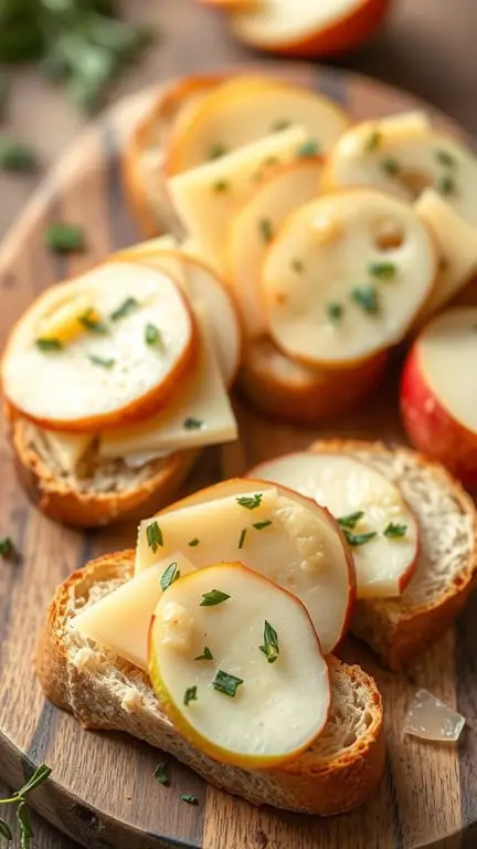 Apple and cheddar crostini on a wooden board, featuring slices of bread topped with apples and cheese.