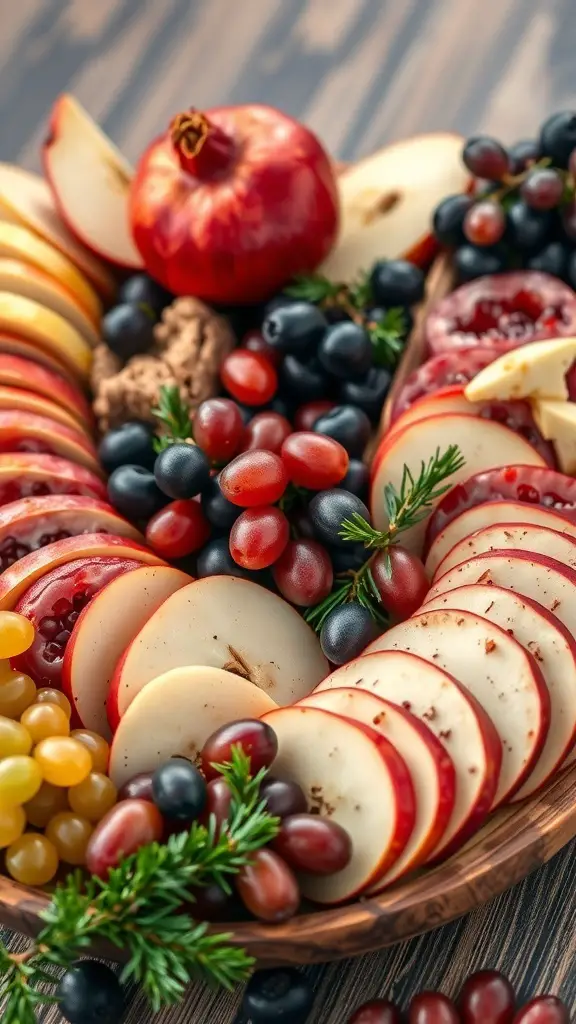A colorful charcuterie board featuring sliced apples, grapes, pomegranate, and garnished with fresh herbs.