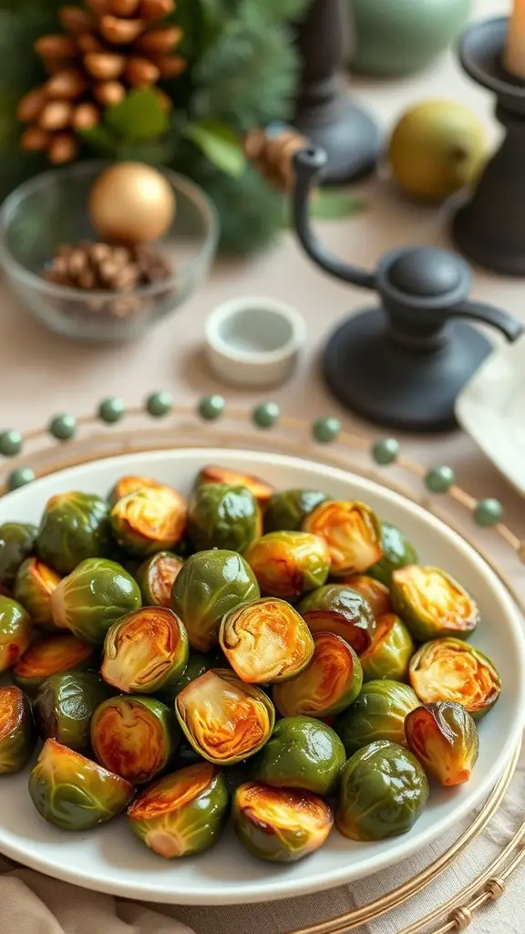 A plate of maple glazed Brussels sprouts, beautifully roasted and shiny, surrounded by a cozy fall setting.