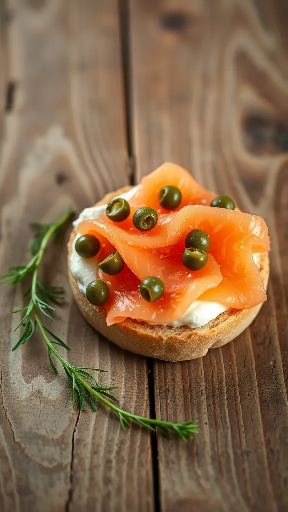 An English muffin topped with smoked salmon, cream cheese, and capers on a wooden surface.