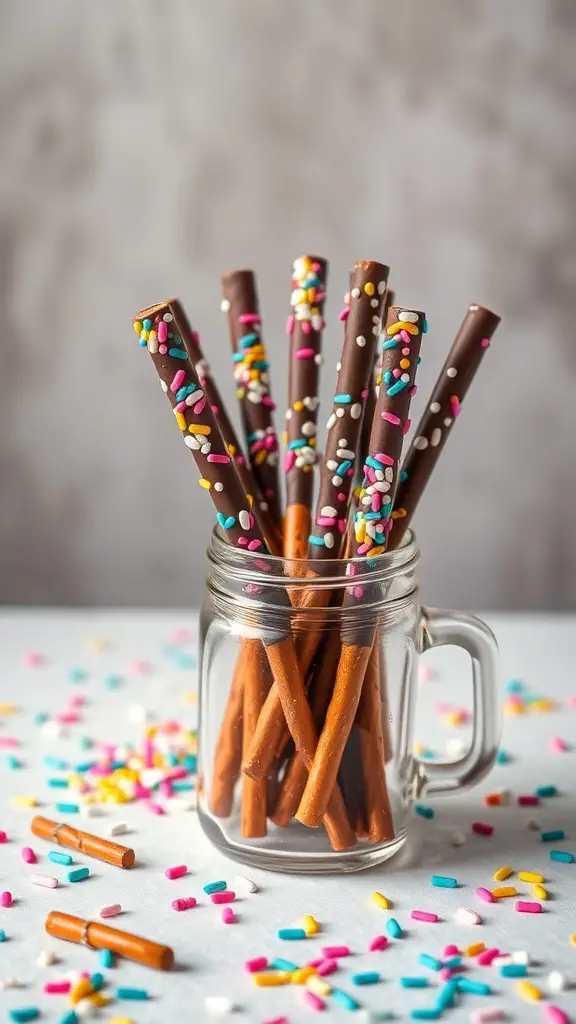 A jar filled with chocolate dipped pretzel rods topped with colorful sprinkles, surrounded by scattered sprinkles on a table.