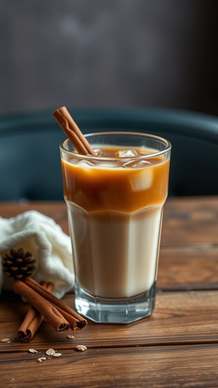A glass of iced coffee with oat milk and a cinnamon stick, sitting on a wooden table.