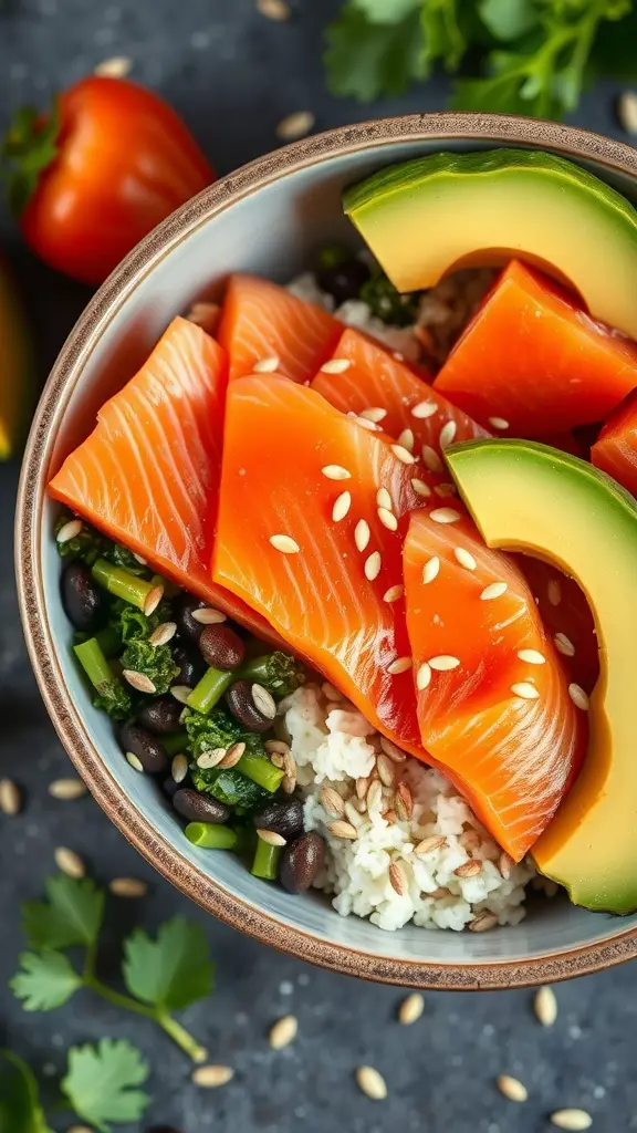 A colorful breakfast bowl featuring slices of salmon, avocado, greens, and sesame seeds.