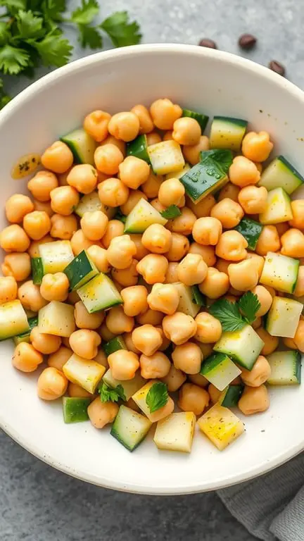 A bowl of cucumber and chickpea salad with fresh ingredients.
