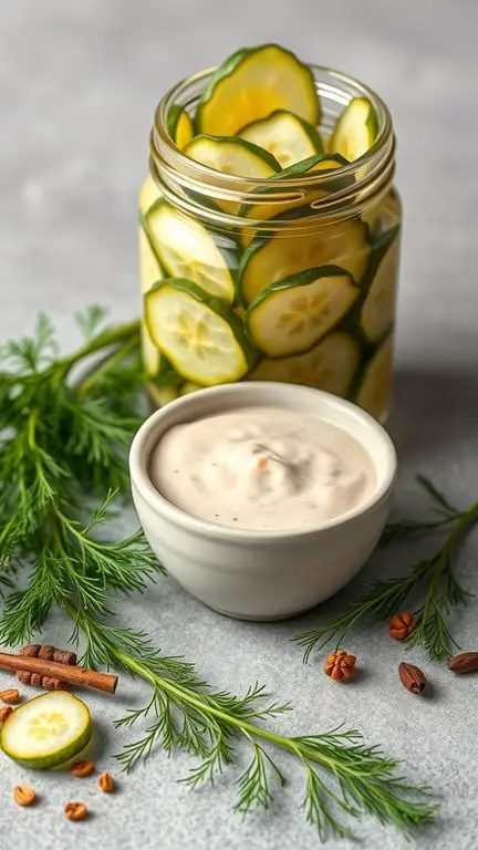 A jar of pickled cucumber chips with a bowl of creamy dip and fresh herbs on a gray background.