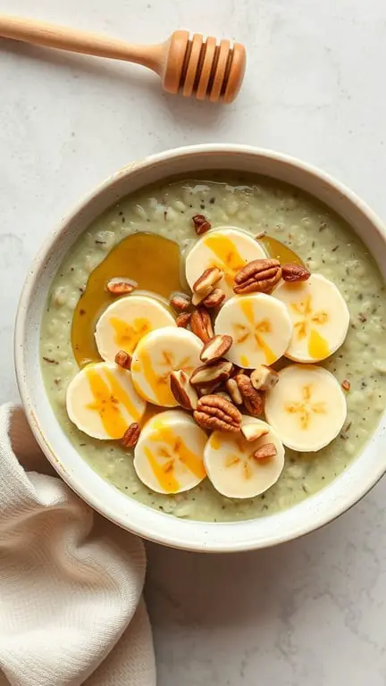 A bowl of matcha oatmeal topped with banana slices, honey, and nuts.