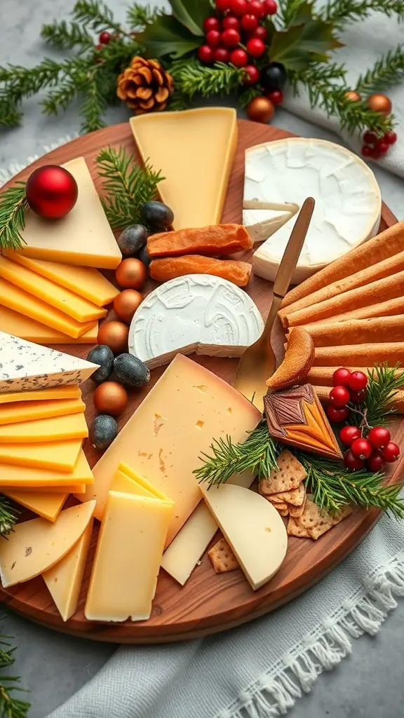 A beautifully arranged Christmas charcuterie board featuring various cheeses, garnished with festive decorations.
