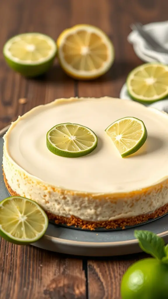 A delicious Key Lime No Bake Cheesecake topped with lime slices on a wooden table.