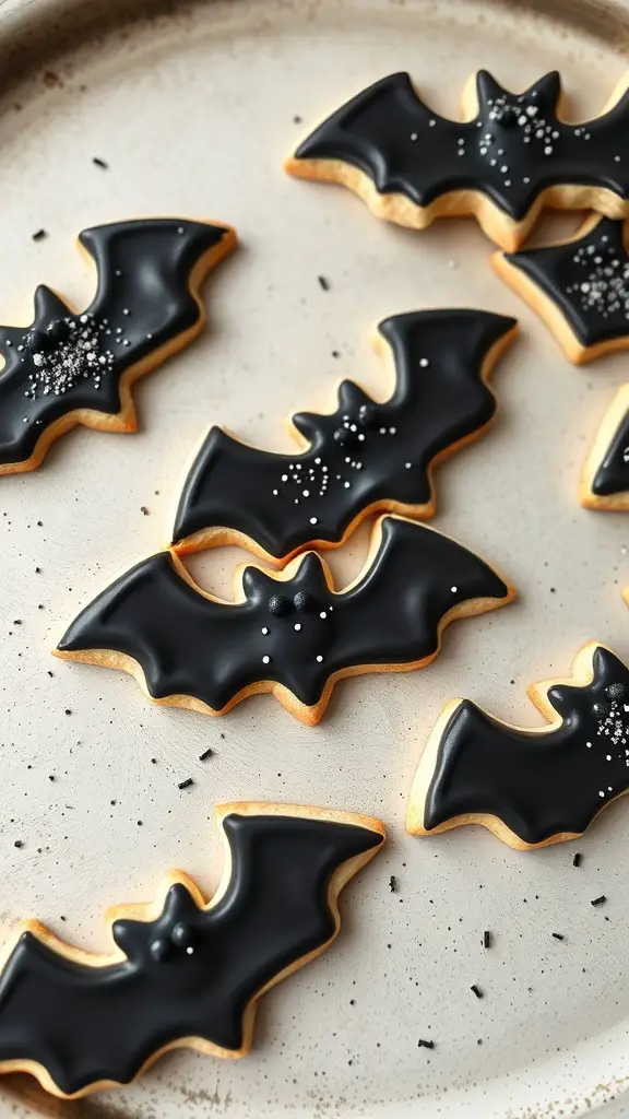 A tray of bat-shaped sugar cookies decorated with black icing and sprinkles.
