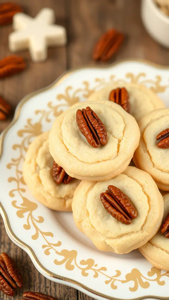 A plate of pecan pie sugar cookies topped with whole pecans, surrounded by scattered pecans and a star-shaped cookie.