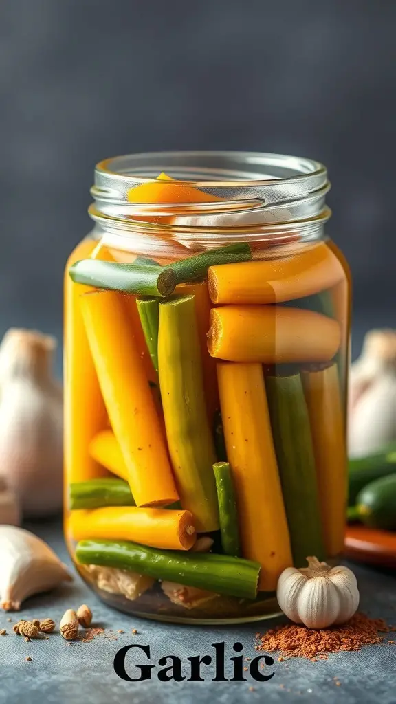 A jar filled with pickled yellow and green vegetables, with garlic cloves and spices around it.