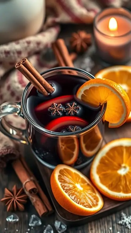 A cozy cup of mulled wine with orange slices and cinnamon sticks, surrounded by a warm atmosphere.