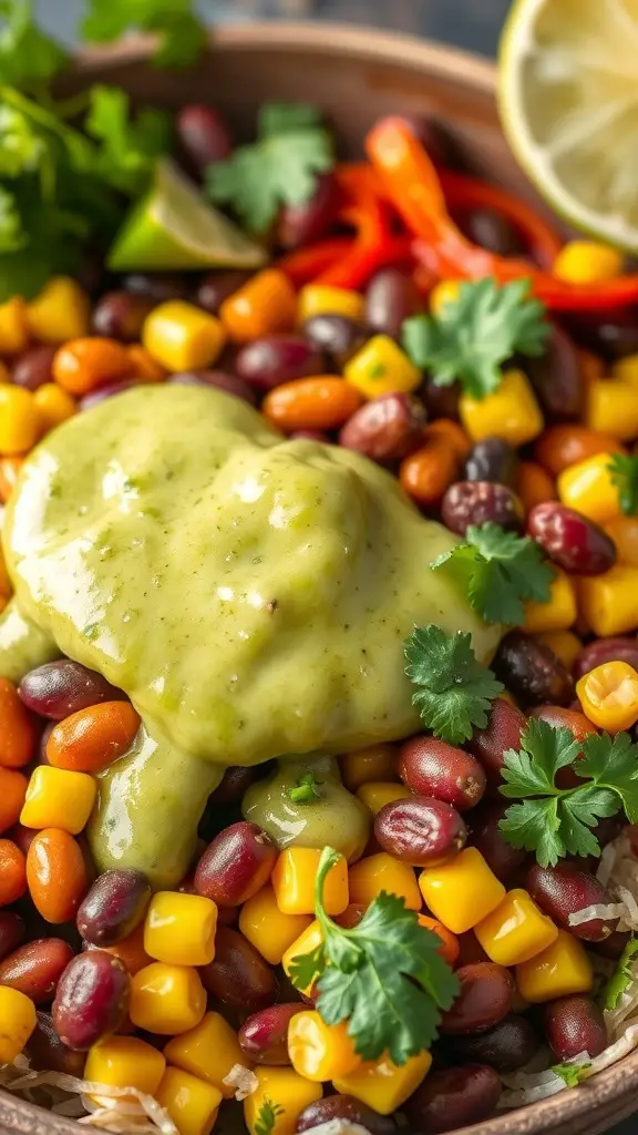 A colorful bean salad topped with creamy cilantro lime dressing, garnished with fresh cilantro and lime wedges.