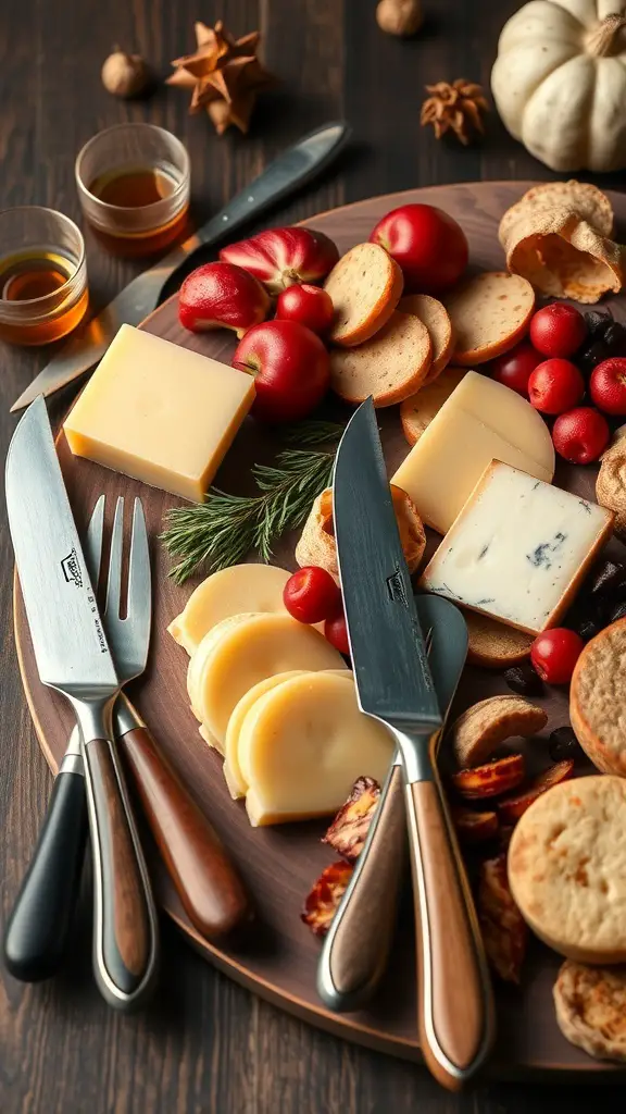 A fall charcuterie board featuring cheeses, fruits, and serving utensils.