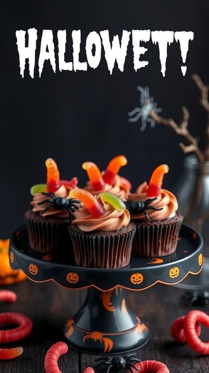Creepy Crawly Cupcakes decorated with gummy worms and spiders for Halloween