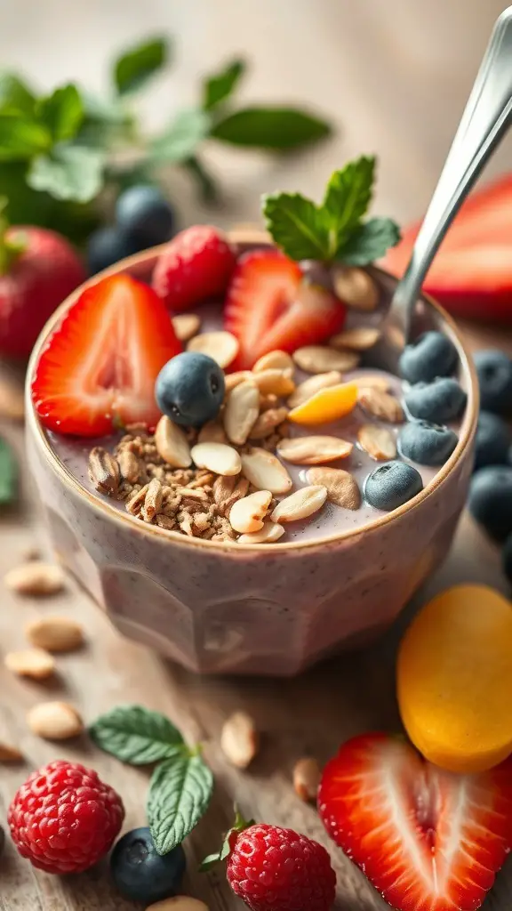 A colorful smoothie bowl topped with strawberries, blueberries, granola, and mint leaves.