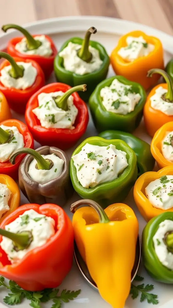 A platter of colorful stuffed mini peppers filled with creamy cheese and garnished with herbs.