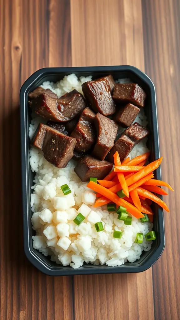 A bento box featuring beef bulgogi, rice, carrots, and green onions.