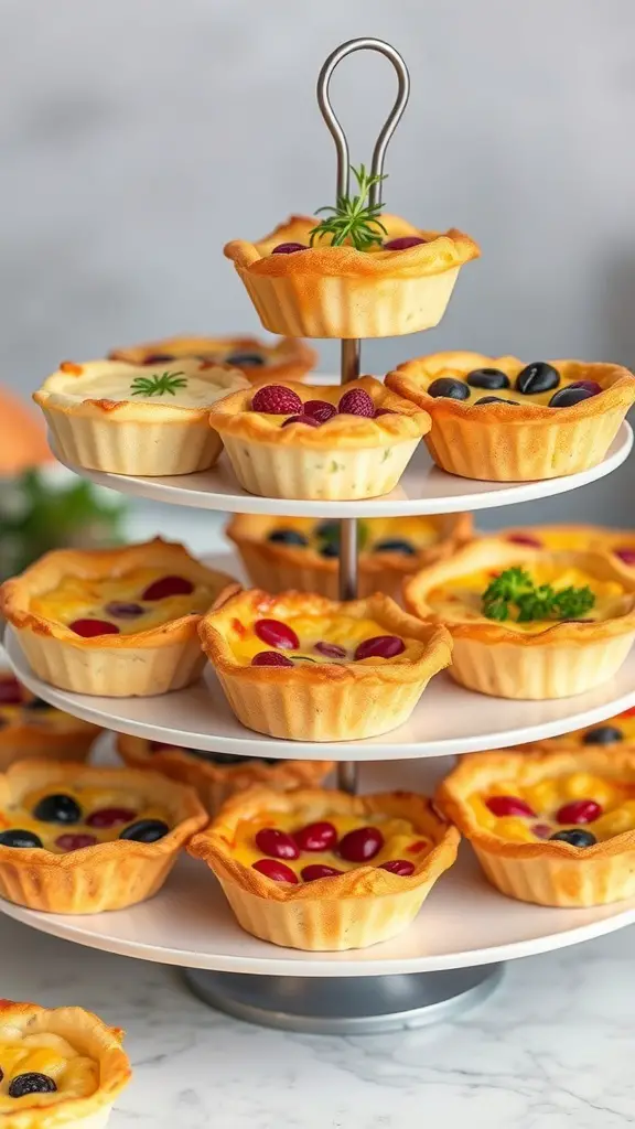 A tiered stand filled with mini quiches, showcasing assorted fillings and garnishes.