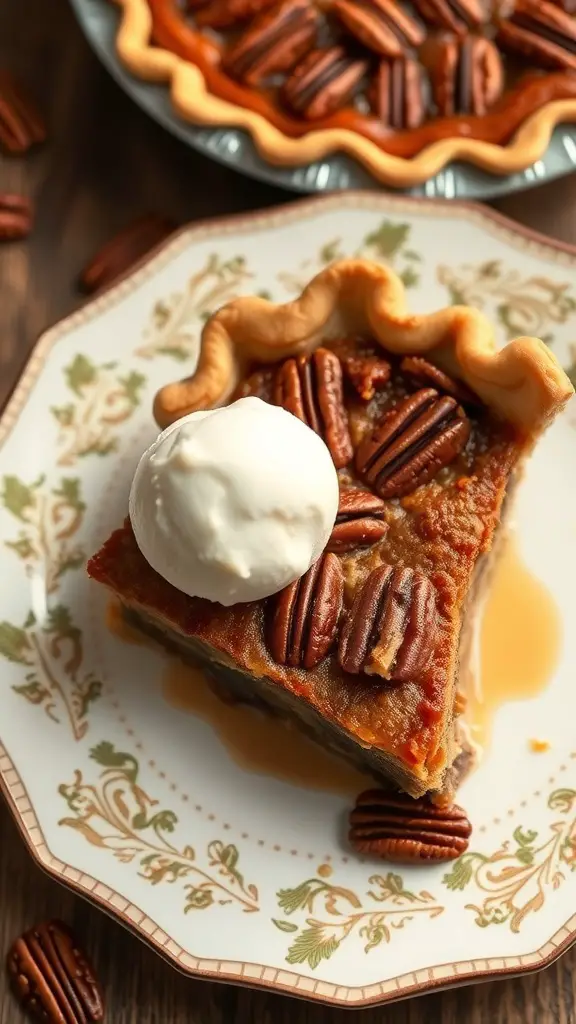 A slice of maple pecan pie topped with ice cream and pecans on a decorative plate.