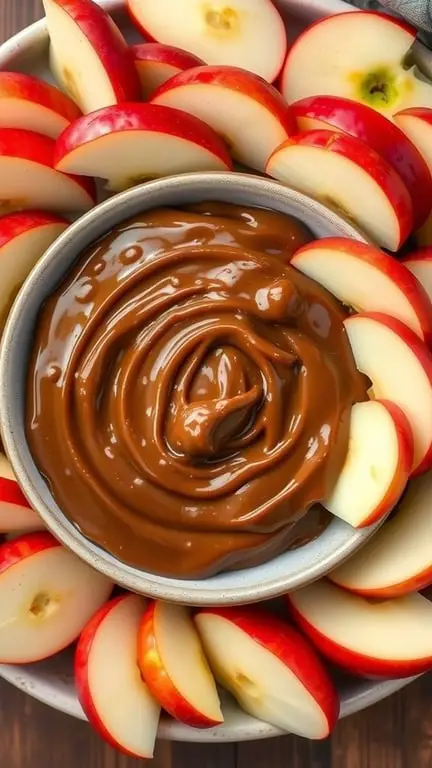 A bowl of chocolate caramel dip surrounded by red apple slices.