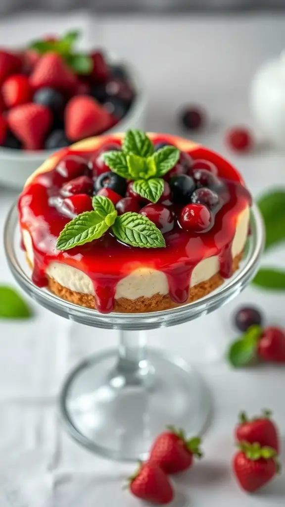 A red berry cheesecake topped with fresh strawberries, blueberries, and cherries, garnished with mint leaves.