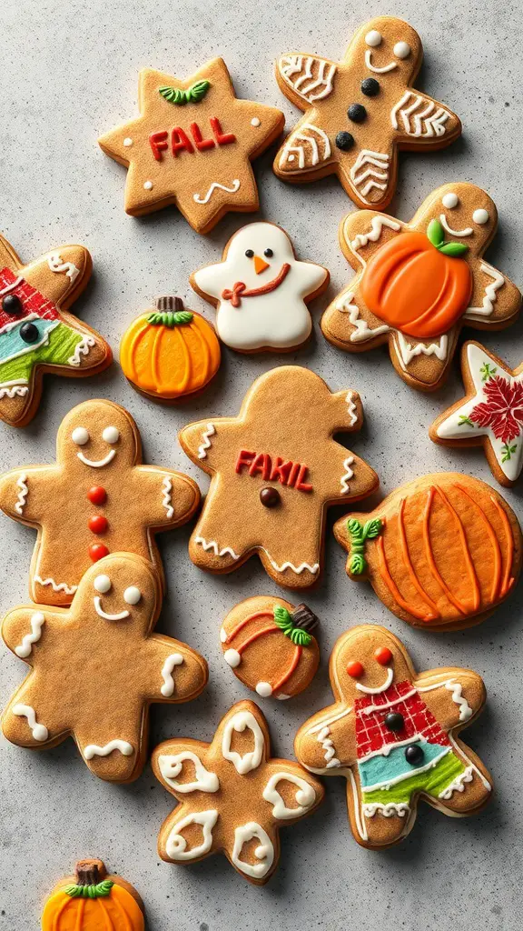 A variety of gingerbread cookies decorated with fall themes, including pumpkins, ghosts, and festive designs.