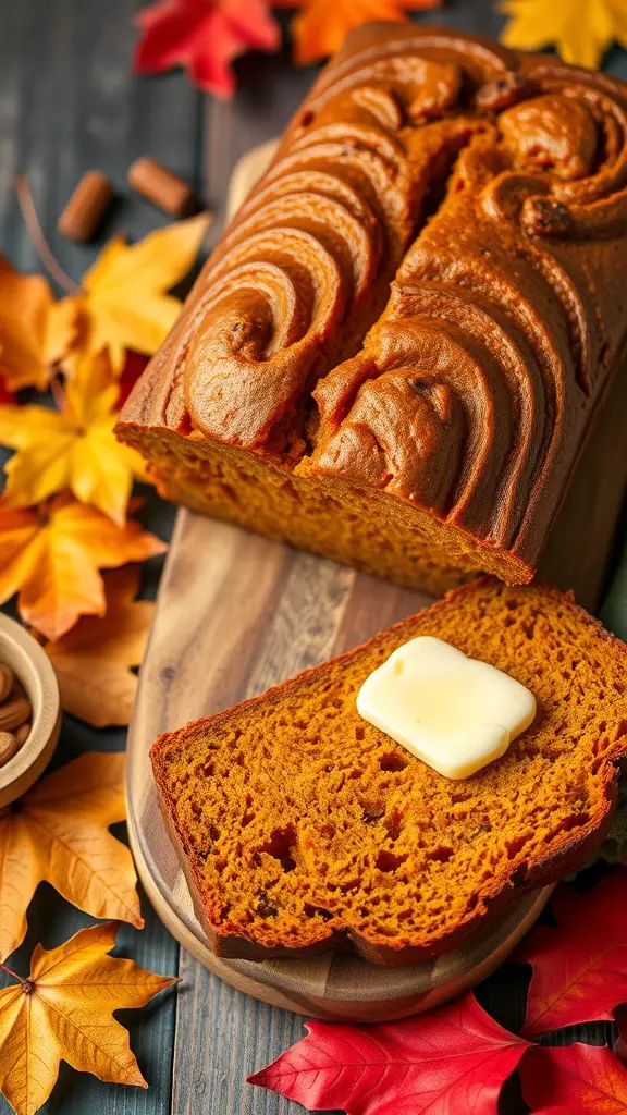 A loaf of pumpkin spice bread with a slice buttered on a wooden board, surrounded by colorful autumn leaves.