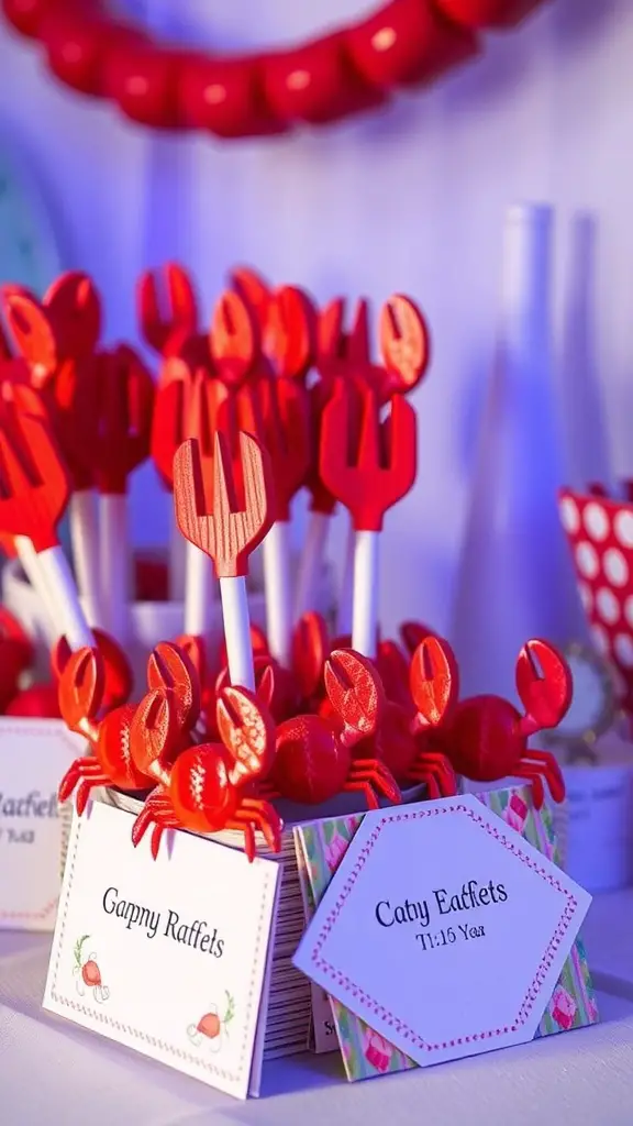 Colorful crab-themed party favors in a basket with labels