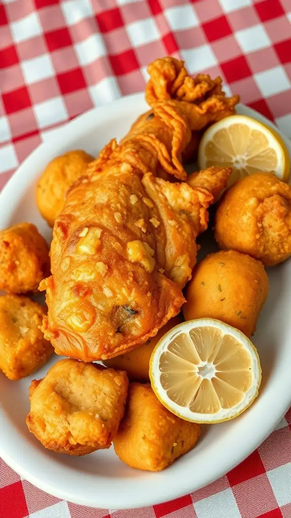 A plate of crispy fried catfish with hush puppies and lemon slices on a checkered tablecloth.
