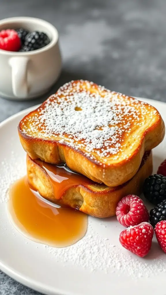 French toast made from English muffins topped with maple syrup and powdered sugar, served with fresh berries.