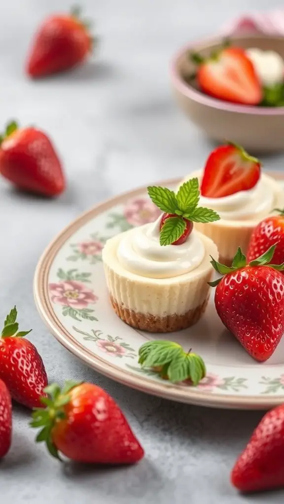 Keto Strawberry Cheesecake Bites on a floral plate with fresh strawberries