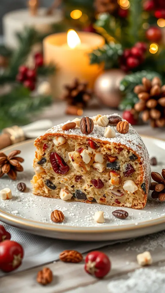 A slice of soft and chewy panforte with nuts and dried fruits, dusted with powdered sugar, surrounded by holiday decorations.