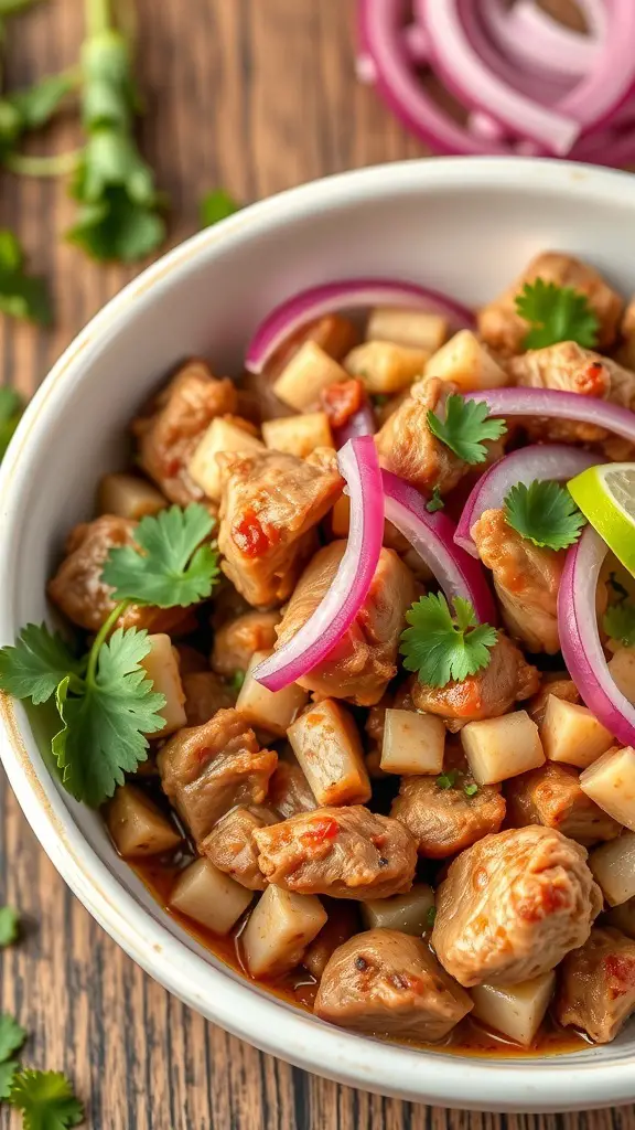 A bowl of pork carnitas topped with pickled onions and cilantro.