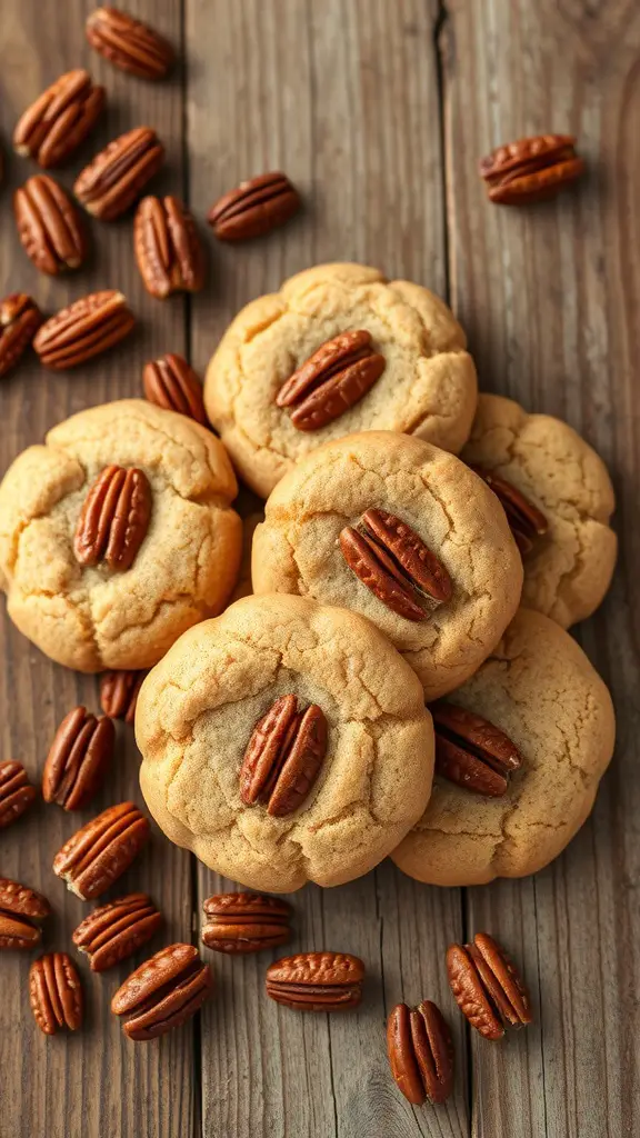 Maple Pecan Sugar Cookies stacked with pecans scattered around on a wooden surface.